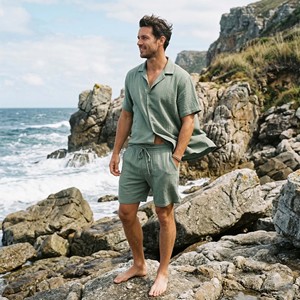 Conjunto de Ropa de Playa y Streetwear Transpirable de 2 Piezas para Hombre, Cuello Redondo, Corte Holgado, Felpa de Algodón 220-280gsm, Camiseta y Pantalones Cortos Casuales de Verano - Product Image 4