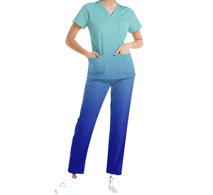 Conjunto de uniforme médico para mujer, top con cuello en V y bolsillos, pantalones azules, uniforme de hospital, tela tejida de algodón y poliéster - Product Image 2