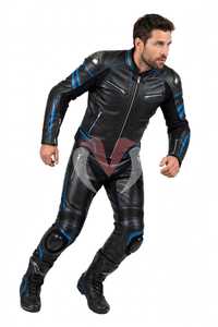 Ensemble veste et pantalon de moto en cuir noir et bleu pour homme, combinaison de moto coupe-vent - Product Image 3