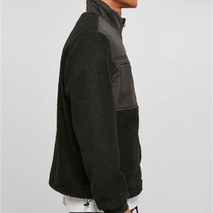Unisex Black Fleece <b>Jacket</b> Zip Style Soft Sherpa Nylon Panel Stand Collar Long Sleeve Warm Outerwear <b>Jacket</b> With Embroidery Logo - Product Image 2