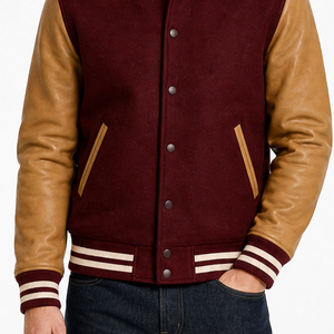 Veste varsity bordeaux pour homme, très tendance, avec manches en cuir beige |   Col côtelé et boutons-pression |   Fabricant OEM ODM - Product Image 3