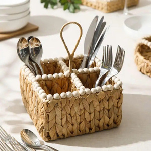 Water Hyacinth Utensil Caddy 4 Compartment Woven Silverware Holder with Handle Wood Beads Decorative Cutlery Basket For Kitchen - Product Image 3