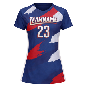Camiseta de Fútbol Azul Personalizada para Mujer, Diseño con Rayas Rojas y Blancas, Manga Corta, Transpirable, de Secado Rápido, Uniforme para Equipo de Fútbol Femenino - Product Image 2