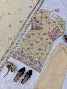 Cream Floral Embroidered Salwar Kameez Set <b>Shawl</b> Indian Pakistani Clothing for <b>Wedding</b> Festival Wear - Product Image 4