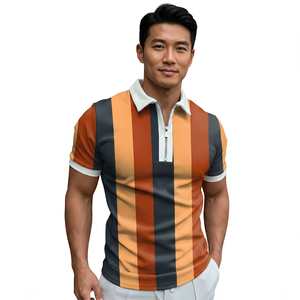 เสื้อโปโลแขนสั้นลายทางผู้ชาย มีซิป ดีไซน์ทอผ้าแบบลำลองสีตัดกัน - Product Image 4