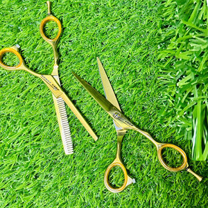 Tijeras Profesionales de Peluquería Ajustables con Recubrimiento Dorado, Juego de Tijeras de Peluquero para Adelgazar el Cabello con Reposa Dedos, para Estilismo en Salón - Product Image 1