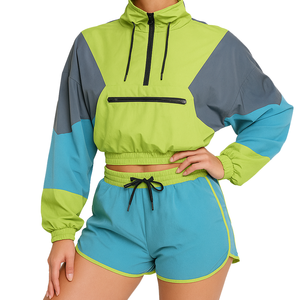 Women Color Blocking Tracksuit Set Half-<b>Zip</b> Hoodie <b>Shorts</b> Quick Dry Lightweight Sporty Loose Fit Summer Casual Wear - Product Image 1