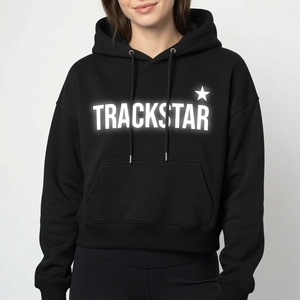 Black Cropped <b>Hoodie</b> Trackstar Printed Women's Pullover Heavyweight Fleece Streetwear Wholesale Apparel - Product Image 1