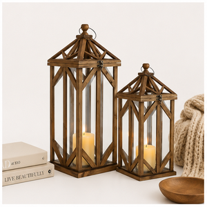 Wooden Candle <b>Lantern</b> <b>Set</b> of 2 Farmhouse Decorative Glass Hurricane <b>Lantern</b> with Metal Top for Wedding Centerpiece Home Decor - Product Image 2