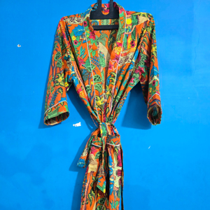 เสื้อคลุมกิโมโนผ้าฝ้ายลายดอกไม้สไตล์โบฮีเมียนเสื้อคลุมอาบน้ำพิมพ์ลายบล็อกยาวน้ำหนักเบาเสื้อคลุมเลานจ์ผูกเอวชุดคลุมสำหรับใส่ในรีสอร์ท - Product Image 1