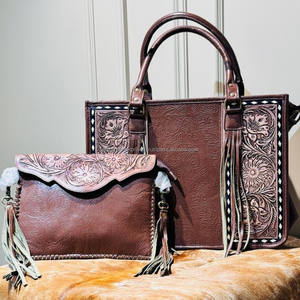 Top Sale Hand Tooled Leather Brown Floral Large Tote <b>Bag</b> & Hand Tooled Embossed Leather Fringe Envelope <b>Bag</b> Combo <b>Sets</b> for Women - Product Image 2