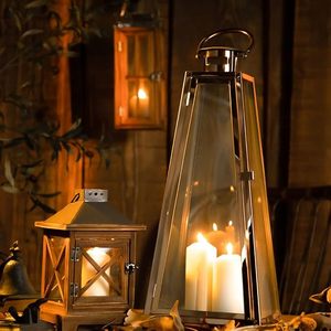 Rustic <b>Square</b> Wooden Candle Lantern Distressed Solid Wood <b>Glass</b> Pane Metal Top for Wedding Christmas Home Decor - Product Image 5