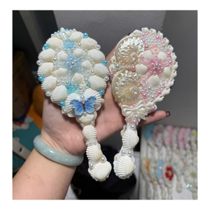 Handmade Natural Seashell Round Mini Compact <b>Makeup</b> <b>Mirror</b> With Pearl And Shell Decorations Coastal Style Vanity Pocket <b>Mirror</b> - Product Image 6