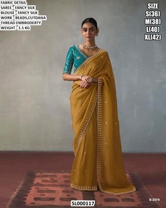Sari de seda verde elegante con blusa bordada, cuentas y trabajo de hilo Cutdana, ropa de boda para mujer SL000117 - Product Image 2