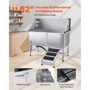 62-Inch Stainless Steel <b>Dog</b> Washing Station with <b>Ramp</b> PE Water Filter Board Faucet Showerhead Soap Holder Pet Grooming Tub - Product Image 2