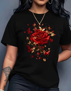 T-shirt pour femme à imprimé floral rose rouge, broderie, coupe ample, manches courtes, col rond, tissu jersey extensible doux, vêtements printemps/été - Product Image 2