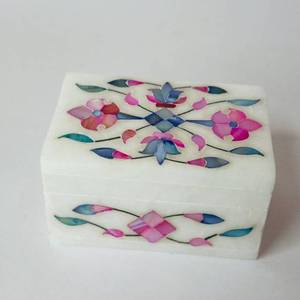 Elegant Marble Inlay Square <b>Box</b> With White Pink and <b>Blue</b> Floral Motifs an Touch of Class for Jewelry <b>Storage</b> - Product Image 1