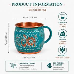 Mug artisanal en cuivre pur avec motif floral émaillé turquoise 350 ml, tasse à eau ayurvédique, tasse à café ou à thé, cadeau vintage fait main - Product Image 5