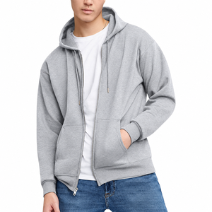 Men's Solid <b>Grey</b> <b>Zip</b> <b>Up</b> <b>Hoodie</b> Long Sleeve Casual Sweatshirt With Kangaroo Pocket - Product Image 1