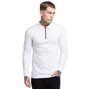 Polo en tricot à manches longues blanc pour homme avec fermeture éclair, design uni décontracté - Product Image 1