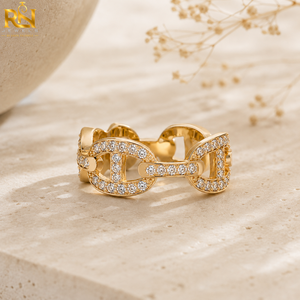 Anillo de Eslabones con Diamantes Cultivados en Laboratorio, Engastado en Oro Blanco y Amarillo |   Anillo de Compromiso y Matrimonio Unisex de Lujo, 1.2 mm, Corte de Diamante - Product Image 4