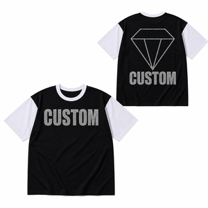 เสื้อยืดฮิปฮอปผู้ชายลายตัวอักษรประดับเพชร สีดำขาว คอวี แขนสั้น - Product Image 1