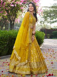 Yellow Embroidered <b>Lehenga</b> Set Block Printed Indian Pakistani Outfit Dupatta Blouse and Skirt for <b>Wedding</b> Festival - Product Image 3