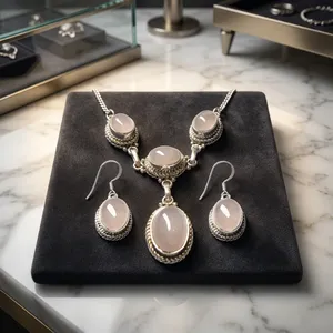 925 Sterling Silver Pink Rose Quartz Necklace Earrings Set Oval Cabochon Bezel Setting Women's Romantic Bohemian Jewelry Gift - Product Image 3