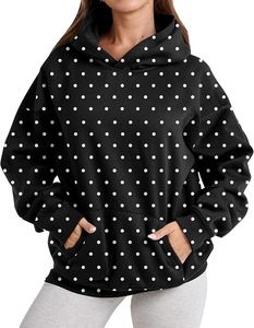 Sweat-shirt à capuche noir à pois pour femme, décontracté, avec poche kangourou et épaules tombantes - Product Image 1