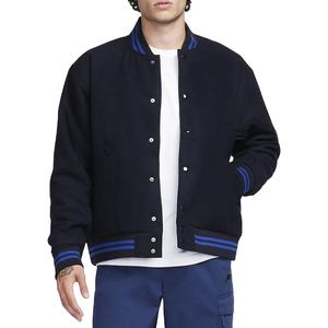 Chaqueta Varsity Azul Marino para Hombre con Ribete Azul, Cuello Alto, Cierre de Botones, Ropa Exterior Informal, Resistente al Viento y Transpirable para Invierno - Product Image 1