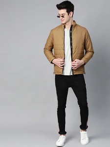 Men's Brown Puffer Jacket Stand Collar Zipper Front Casual Autumn Wear Solid Color Slim Fit Windproof Polyester Wadding - Product Image 1