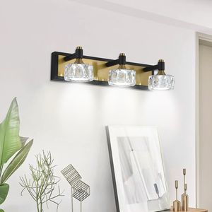 Elegante Applique da Bagno Moderna in Cristallo da 20 Pollici, Lampada a 3 Luci con Finitura Nero-Oro, Elegante Illuminazione per il Bagno - Product Image 1