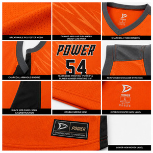 <b>Power</b> Men's Basketball Jersey V-Neck Sleeveless Orange Sublimated Moisture Wicking Athletic Fit - Product Image 6