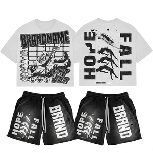 280GSM Premium Cotton Men T Shirt And Shorts <b>Set</b> Black Graphic Print Puff Print Custom Screen Print Logo Men's Jogging Short <b>Set</b> - Product Image 4