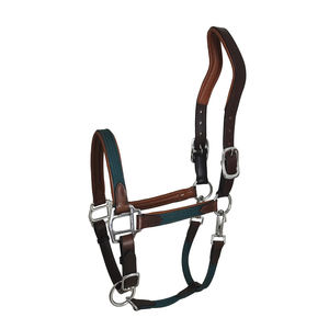 Cabestro de Cuero Indio Marrón con Incrustaciones de Tela Verde Azulado, Corona Acolchada, Correa Nasal Ajustable, Herrajes Plateados Personalizables, Premium - Product Image 2