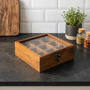 Boîte à épices en bois artisanale avec couvercle et cuillère, organisateur d'épices de cuisine à 9 compartiments, conteneur de rangement pour épices en bois - Product Image 1
