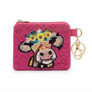 <b>Pink</b> Beaded Yin Yang Coin <b>Purse</b> with Zipper and Keychain Hook Handmade Mini Wallet for Fashion Accessories - Product Image 4