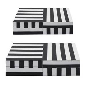 Resin Inlay Minimalist Black White Striped Rectangle Storage Boxes Set of 2 Stackable Decorative <b>Bins</b> for Living Room Neatening - Product Image 5