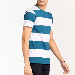 Camiseta personalizada a rayas de verano, camiseta a rayas sublimada, camiseta deportiva con cuello redondo para hombre, camiseta de algodón con líneas azul marino y blancas. - Product Image 5