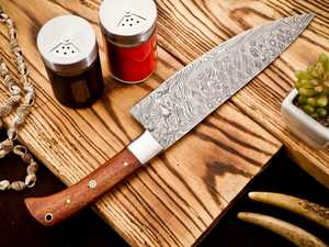 Cuchillo de chef de acero de Damasco de 8 pulgadas con punta caída y borde biselado, mango de madera con incrustaciones de resina, cuchillo de cocina - Product Image 1