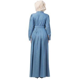 Robe longue plissée en jean premium sur mesure avec ceinture et boutons, manches longues, légère, en coton biologique, idéale pour l'été et les fêtes, pour femmes musulmanes. - Product Image 2