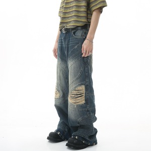 Hot Sale Custom Design Men's <b>Denim</b> Pants Snow Wash Wide Leg Ripped Casual Jeans Quick Dry Loose Fit Cotton Soft - Product Image 5