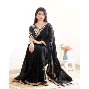 LACE DE TRABAJO BORDADO DE CHIFON ÚLTIMO SAREE CON BLUSA COSTADA NEGRO - Product Image 1