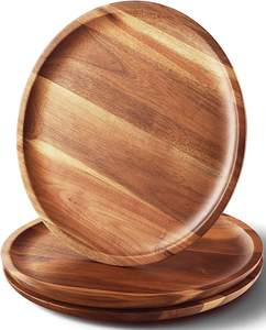 Eco-friendly Sustainable Fashionable Thick Acacia Wood Round Salad Bowl Dish <b>Plates</b> Set Party Handpainted Customizable Design - Product Image 3