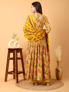 Women Yellow Floral Printed Cotton Anarkali <b>Suit</b> <b>Trouser</b> Dupatta V-Neck Regular Fit Knee-Length Quick Dry Traditional Casual - Product Image 6