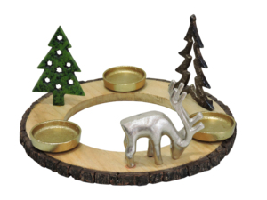 Artesign Modern Durable Christmas Advent Wreath Candle <b>Holder</b> with Nickel Aluminium Reindeer Gold Trees on Wooden <b>Log</b> Base - Product Image 4