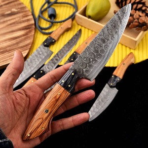 Custom Handmade Five-Piece Ambidextrous Chef <b>Set</b> Straight Edge <b>Sharp</b> 33-Layer Damascus Steel Blades Wooden Handle Leather - Product Image 6