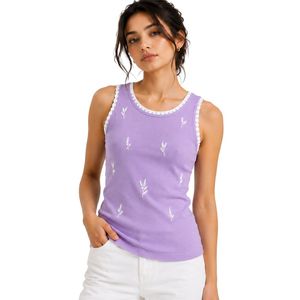 Camiseta sin mangas acanalada para mujer, color lavanda y blanco, bordada, informal, de verano, ajustada, de algodón elástico, personalizada, OEM. - Product Image 1