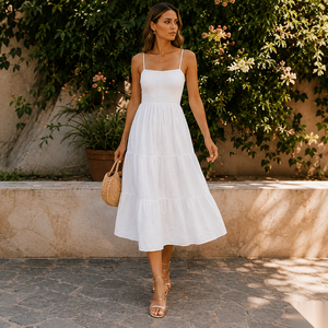 Robe midi blanche à fines bretelles, coupe trapèze, à volants, en coton tissé, décontractée pour l'été - Product Image 1