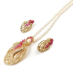 RAY FINE ORNATES <b>Ruby</b> CZ Gold Plated IGI Certified Jewelry Set Floral <b>Necklace</b> Matching Earrings Indian Bridal Wedding Set - Product Image 1